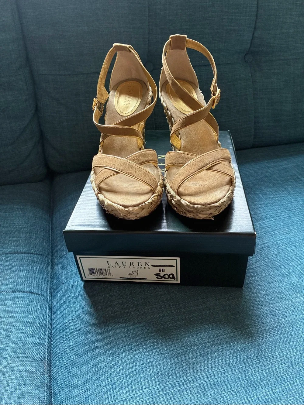 Ralph Lauren Tan Suede Espadrille Wedge Sandals